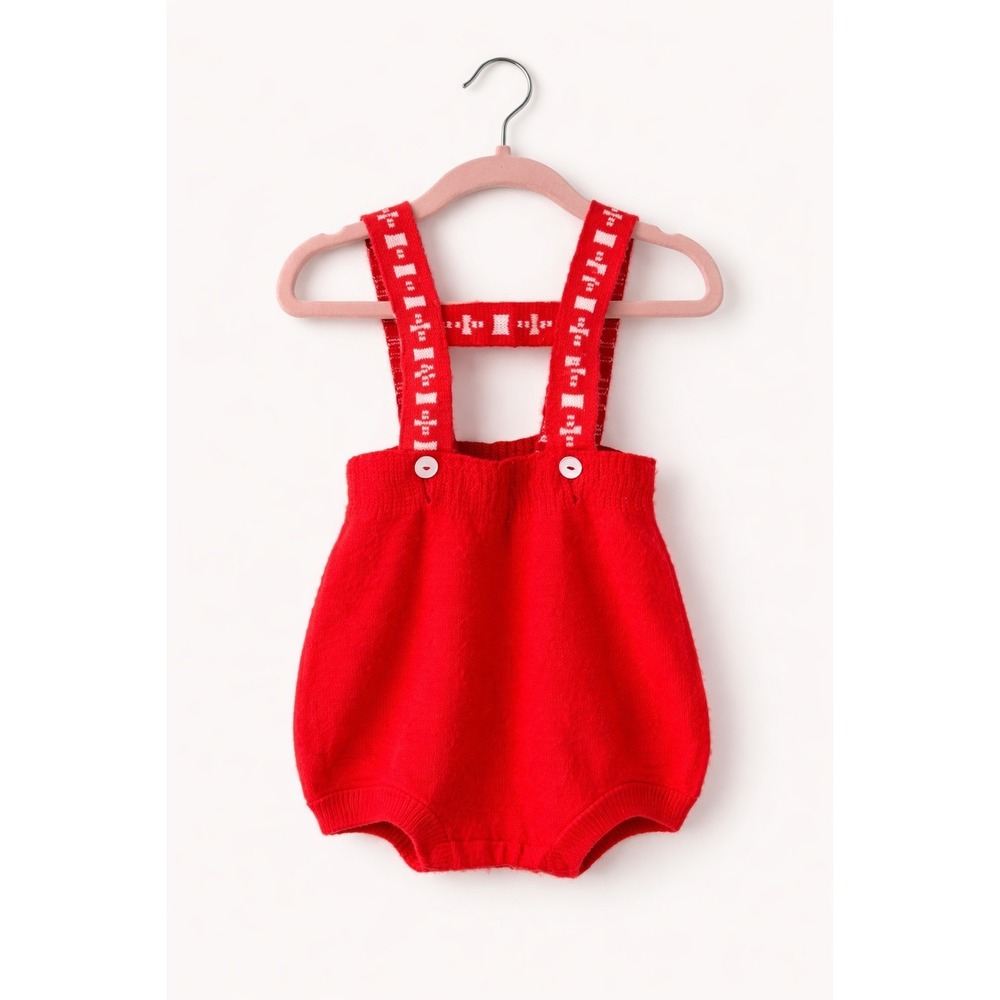 Vintage Red Knit Baby Romper Suspender Bloomer One Piece w Geometric Strap 6-9 m